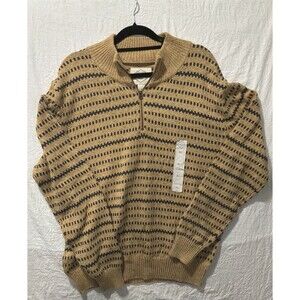 St. John's Bay Men's XL 1/4 Zip Mock Neck Knit Cotton Striped Sweater Beige